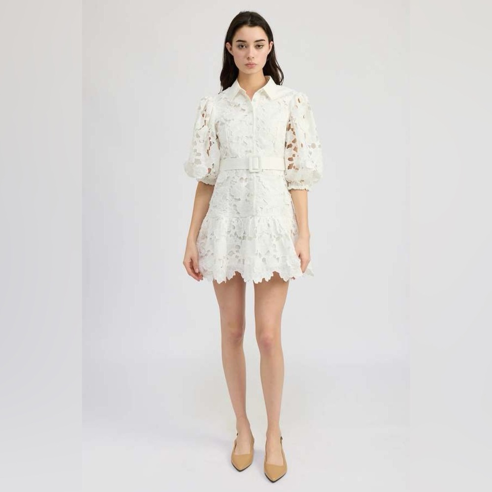 En Saison White Lace Mini Dress with Belt